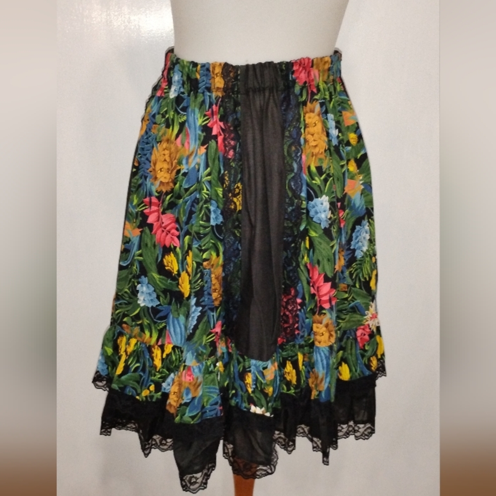 Vintage Black Floral A-Line Skirt with Pink, Yellow & Blue Flowers - Picture 6 of 7